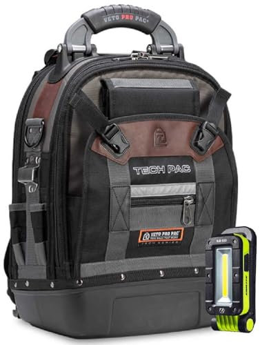 Pro Pac Tech Pac Technician Large 25L Tool Bag with 500 Lumen Inspection Light | 25 Litre | Professional Tradesman Heavy Duty Toolbag | Unilite & Veto | Hard Waterproof Base
