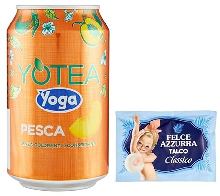 24er-Pack Yoga Yotea Thè Pesca,Erfrischendes Alkoholfreies Getränk,Eistee mit Pfirsich,330ml Einwegdose + 1er-Pack Kostenlos Felce Azzurra Talkumpuder, 100g-Beutel