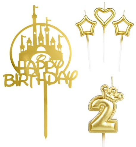 mciskin Girls Happy 2nd Birthday Candles Cake Toppers, Gold Castle Cake Topper, Crown Number 2 Candle for Cake, Candles Cake Cupcake Topper for Baby Birthday Party Decorations 2nd Wedding Anniversary