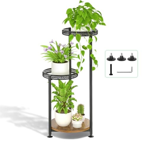 LyTaispuly 3 Tier Plant Stand Indoor Outdoor, Tierd Metal Corner Plant Stands Holder Tall , Iron Flower Shelf Display Rack for Window Balcony Garden Patio, Black