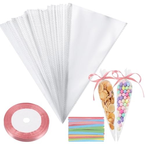 200 Stück Süßigkeiten Tüten, 13 x 25cm Candy Bar Tüten mit Rosa Satinband 200 Bindebänder Cellophantüten Klarsichttüten zum Befüllen Spitztüten Partydeko für Ostern Bonbons Schokolade