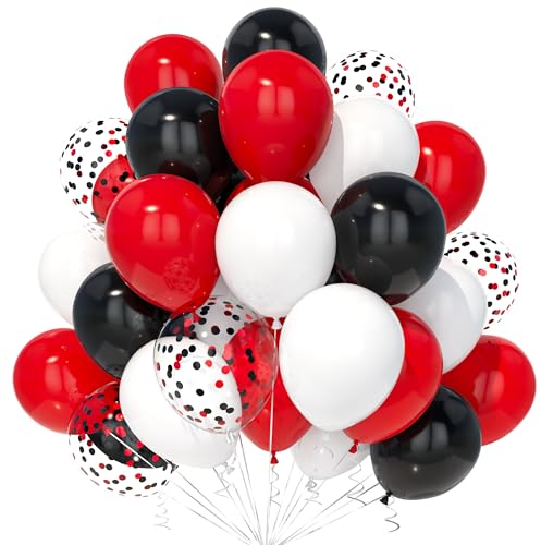 Teselife Ballons Noir Rouge 30Pièces, Mat Blanc Noir Rouge Confettis Ballon Ruban Hommes Femmes Nuptiale Mariage Graduation Douche Nuptiale Mascarade Anniversaire Valentin Retraite Poker Thème Déco