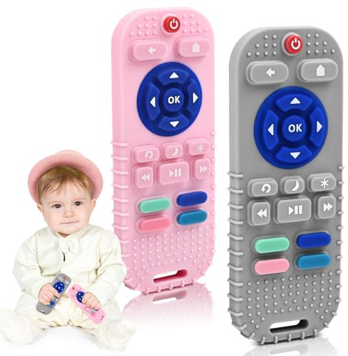 Zahnen Beißringe Spielzeug für Babys 0-6-18 Monate Geschenke, Fernbedienung Baby Zahnungshilfe für 3 6 9 12 Monate Kleinkind Autismus, Lebensmittelqualität Silikon Badespielzeug, Dunkelgrau&Rosa