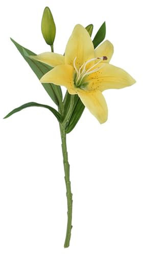 tulkdexi Kunststoff-Blumenzweig künstliche Blumendekoration Lilie mit Stiel, grüne Blätter, Zuhause, Hochzeit, Party, Kunstarrangement, Innen- und Außenbereich, Garten, Foto, Gelb