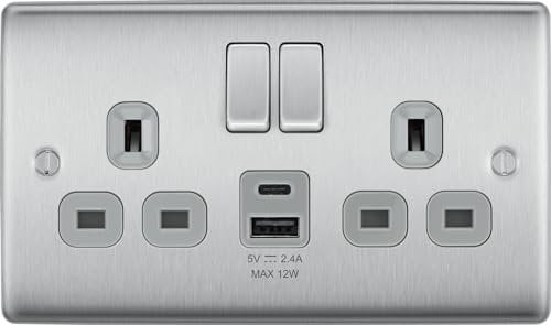 Generic BG Brushed Steel Double Socket with USB 12W Type A & Type C USB NBS22UAC12G