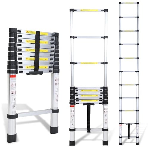 Yakimz Teleskopleiter Aluminium 3.2M Tragbar Ausziehleiter, Teleskop Aluminiumleiter, Rutschfester Mehrzweckleiter Tragkraft von 150kg, für Garten Innen Außenbereich