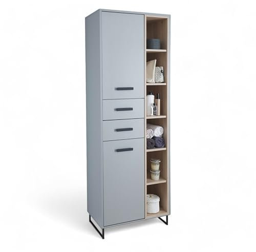 Stella Trading Tunis Badezimmer Hochschrank in Grau/Eiche Sonoma Optik - Badezimmerschrank Bad Schrank mit viel Stauraum - 65 x 185 x 38 cm (B/H/T)