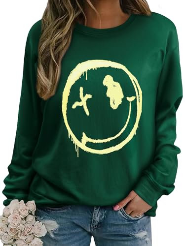 WIEIYM Women Sweatshirt Smile Face Crewneck Pullover Long Sleeve T Shirt Graphic Print Basic Tops Causal Jumpers S-XXL Dark Green