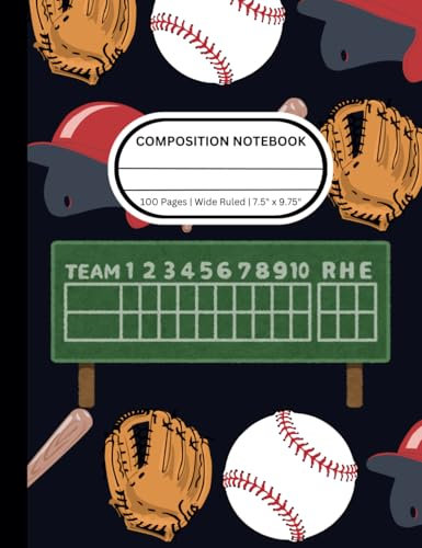 Composition Notebook – 7.5x9.75”, 100 Pages, Wide Ruled (Charcoal Blue with Baseball Graphics)