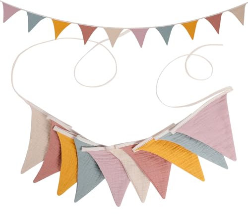 Romon Banderines Fiesta, Guirnalda de Banderines Fiesta Cumpleaños para Habitación Infantil, Muselina de Algodón, Banderines Decorativos, Decoración Cumpleaños para Cama de casa para niñas y niños