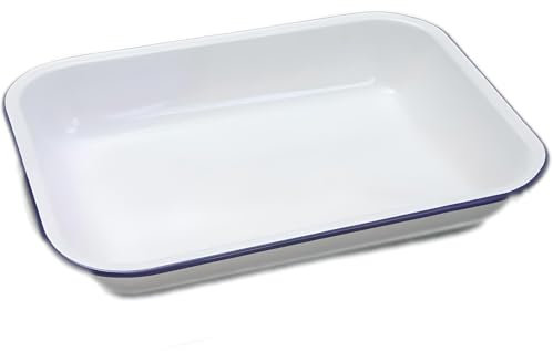 AMK® Falcon Enamel Bakepan Traditional White 34cm x 28cm x 5cm Oblong Shape Traditionally Enameled with Blue Rim Dishwasher & Oven Safe