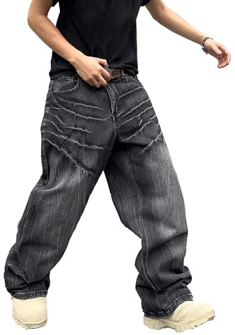 Zewool Jeans Baggy Strappati da Uomo Jeans Hip Hop Y2K Jeans Skater a Gamba Larga Pantaloni in Denim a vestibilità Loose Streetwear Rilassato degli Anni 2000 Skateboard,A10 Nero,S