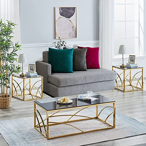 IUBGFTO Couchtisch- und Beistelltisch-Set aus Glas – Rahmen aus 100% Edelstahl mit Tischplatte aus gehärtetem Glas – Wohnzimmermöbel-Set, 3-teilig,Gold