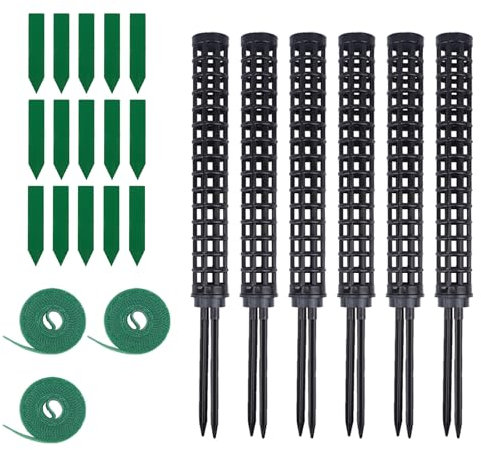 FALSKT 6 Pezzi Pali di Muschio di Plastica, Piante Rampicanti, Palo Totem Bastone Muschio Monstera Sostegno con 12 Prese di Terra 15 Etichette per Piante e 3 Fascette per Arrampicata Impiant (Nero)