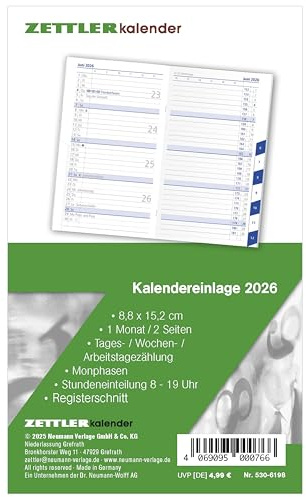 Zettler Kalenderersatzeinlage TP 1M/2S Registerschnitt 2026 – Ersatzkalendarium 9 × 15 cm für Taschenplaner Typ 530, 16 Blatt, 1 Monat auf 2 Seiten, Stundeneinteilung 8–19 Uhr, FSC