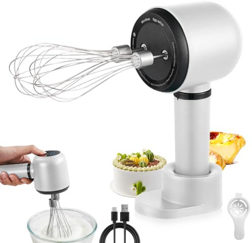 LULUWA Miscelatore Elettrico a Mano - Miscelatore Manuale a 3 Velocità Frusta a Mano Ricaricabile con 2 Fruste Rimovibili per la Cottura Sbattere le Uova Marmellata di Panna (Bianco)