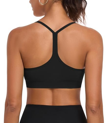 ANGOOL Sport BH Damen ohne Bügel Racerback Spaghetti Träger Sport Bustier Damen Gepolstert Seamless Y-Rücken Abnehmbare Cup für Low-Impact Training, Schwarz, S