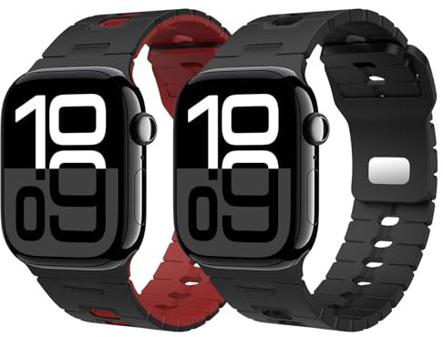 Astorgos 2Pezzi Cinturino Compatibile con Apple Watch Ultra 3/2/1 49mm,S11/S10 46mm,9/8/7 45mm,SE3/SE2/SE/6/5/4 44mm,3/2/1 42mm, Cinturino in Silicone Regolabile Traspirante per Sport, Nero+Nero Rosso