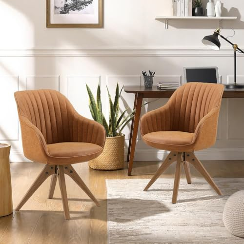 Zouron Esszimmerstühle 2er Set Braun Kunstleder - Küchenstuhl Drehbar Buchenholzbeine Polsterstuhl mit Armlehnen Sessel Schreibstuhl