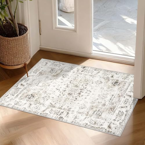 Homcomodar Beige Waschbarer Läufer Teppich Eingangsbereich Innen Fussmatte 60x90cm Fußmatte Boho Kleiner Teppich rutschfest Weich Kurzflor Vintage Teppiche für Küchen Schlafzimmer Eingang Badezimmer
