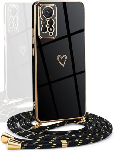 YAMCCCSE Coque avec Cordon Compatible avec Xiaomi Redmi Note 11 Pro Plus/+ 5G, Galvanoplastie Motif Coeur d'amour Housse Antichoc TPU Silicone, Réglable Etui avec Lanière,Noir