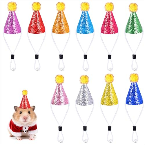 Qzakce Mini Cappellini da Festa per Animali di Peluche Colorati Cappelli a Cono con Pompon e Dettagli Glitterati per Animali Giocattolo Cani e Gatti 10 Pezzi