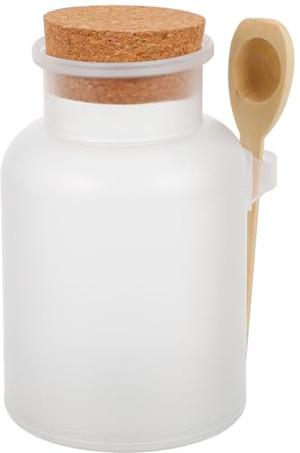 BESPORTBLE Badesalzflasche Auslaufsicher 500g mit Korkdeckel und Holzlöffel Versiegeltes Aufbewahrungsglas für Kosmetik und Körperpflege Leichte Unterverpackungsflasche