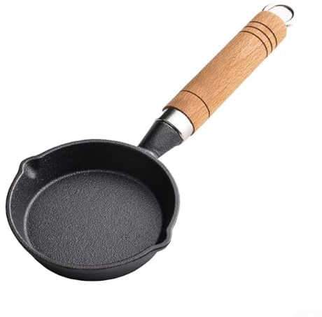 Mini padella in ghisa, 10 cm, piccola, con manico in legno, antiaderente, per cucinare uova, salse o olio per versare in cucina, casa, nera (A10 cm)