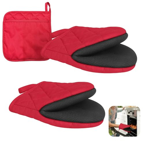 3 Pcs Oven Mitts, 1 Pair Oven Mitts Pair with Pot Holders with Pocket | Heat Resistant Silicone Oven Glove for 500 Degrees for Grilling Barbecue Microwave Machine