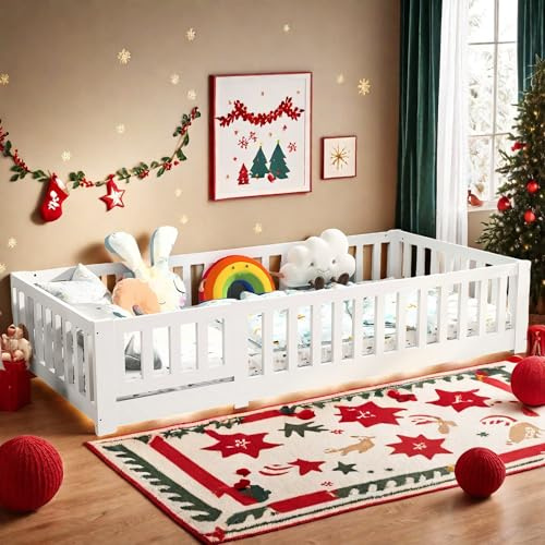 Kinderbett Bodenbett 90x200 cm, Montessori Bett Kinder mit Rausfallschutz Lattenrost, Einzelbett mit Babytür, Rahmenbetten aus Kiefer Massivholz, Bettgestell Jugendbett, Weiß (Weiß, 90 x 200 cm)