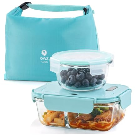 OWZ Lunch – bento lunch box en verre 1040 ml + bol soupe 400 ml – lunch box adulte micro ondable avec sac isotherme et couverts – boite à lunch étanche pour repas au travail
