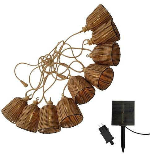 Lichterkette für den Außenbereich, anschließbar, 10 Lampenschirme aus Polyrattan, Formentera Big Hybrid, warmweiß, 8 m, solarbetrieben und mit Netzanschluss