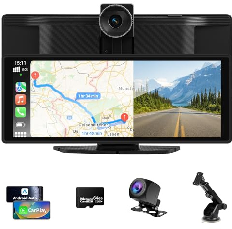 Fssppe 10,26 Zoll Car Play Display - Wireless Android Auto-anzeige Carplay mit Navigation 4K Dashcam 1080P Rückfahrkamera IPS Touchscreen Bluetooth Mirror Link Split Screen FM/AUX 64G TF