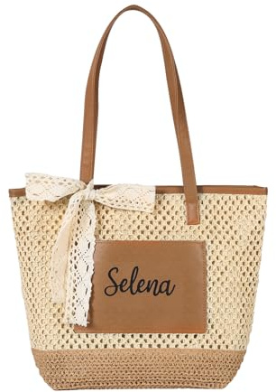 Jeweidea Sac de Plage Personnalisé pour Femme avec Nom Sac Cabas en Paille, Sac Travail Femme, Tote Bag pour Shopping, Plage, Natat