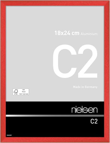 nielsen Bilderrahmen, 18 x 24 cm, Aluminium, Rot glanz, Fotorahmen zum Auftstellen und Aufhängen im Hoch- & Querformat, Echtglas, C2
