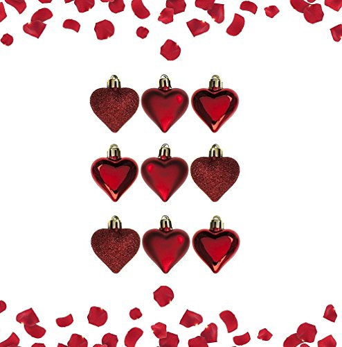Toyland® Pack of 9 Red Love Heart Baubles - Christmas & Valentines Day Hanging Decoration - Shiny Matt and Glitter