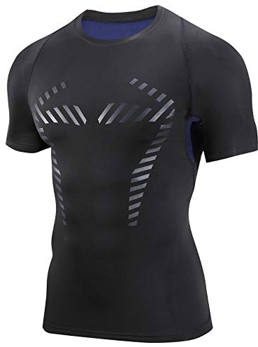 AMZSPORT Herren Kompressionsshirt Kurzarm Funktionsshirt Atmungsaktives Sportshirt Laufshirt,Blau L