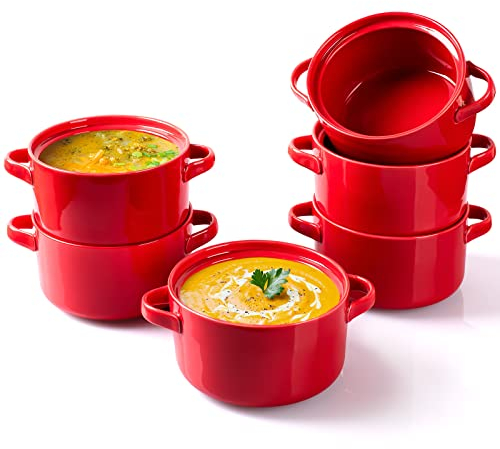 Delling 6 Pack Ceramic Bowls with Handles, 24 Oz Large Serving Bowls, Ceramic Crocks for French Onion Soup, Cereal, Chili, Stew, Microwave and Oven Safe, Red