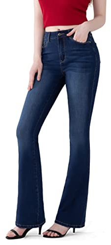 FLYING BANANA Women's Totally Shaping Curvy Stretchy Bootcut Flare Denim Jeans (Dark Blue, 4 Short)