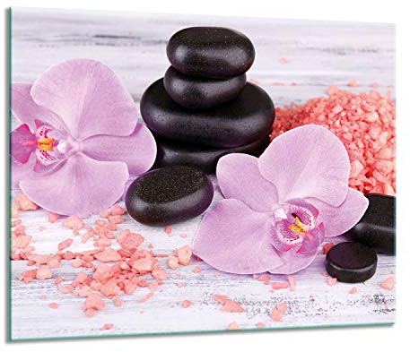 Herdabdeckplatte Schneidebrett Spritzschutz Sicherheitsglas Gehärtetes Glas Bild 60x52 - Rosa Orchidee Und Schwarze Steine