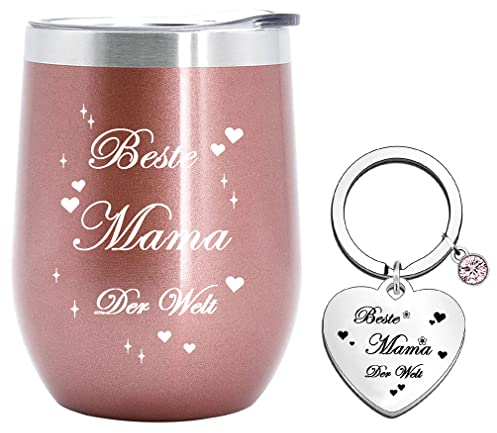 Edelstahl Kaffeebecher mit Gravur Geschenk für Mama - Beste Mama der Welt Thermobecher für Mutter Muttertag Geburtstag Geschenk-350ml Roségold Doppelwandig Isolierbecher mit Schlüsselanhänger