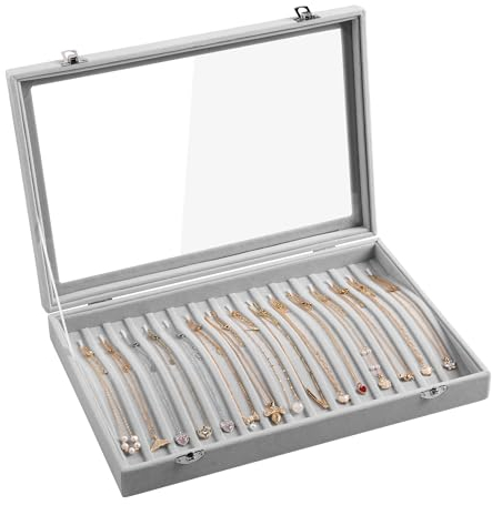 Frebeauty 15 Hooks Necklace Tray Velvet Neck Organiser with Clear Lid Lockable Necklace Holder Box Jewellery Organiser for Pendant Chains Necklace Jewellery Tray for Women Girls(Grey)