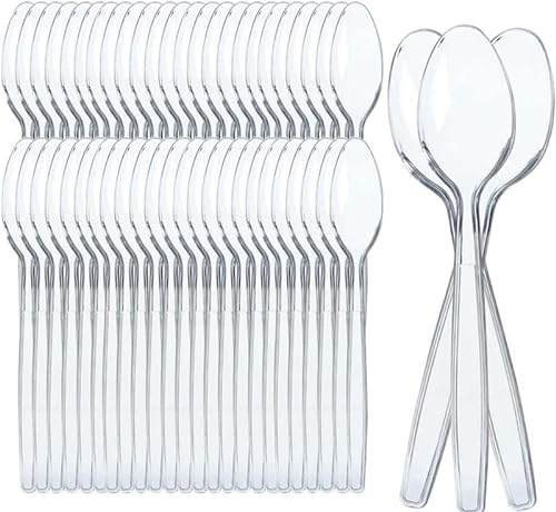 Cucharas de Plástico transparente Reciclable de Alta Resistencia Juego de Cartón Reutilizable Cucharas cuchillos tenedores Vasos Platos Pajitas para Fiestas Buffets Bodas【100pcs, Cucharas trasparente】