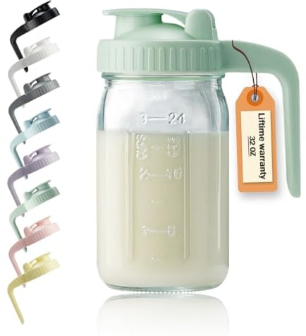 Pichet en verre de 950 ml avec couvercle et bec verseur en forme de V – Pichet à lait maternel double anti-fuite pour thé au soleil, jus, café froid, récipient de stockage de lait maternel