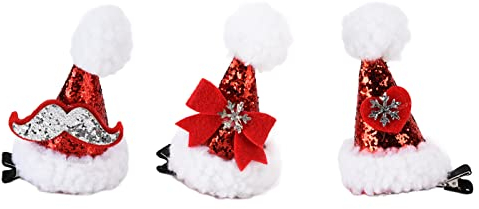 3 Stück Weihnachts-Haarspangen, Glitzer-Pailletten, Weihnachtsmützen-Haarspangen, Weihnachts-Flitter-Glitzer, Weihnachtsmützen-Clips, Haarspangen, Mädchen-Haarspangen, Schleifen, Haar-Accessoires, Wei