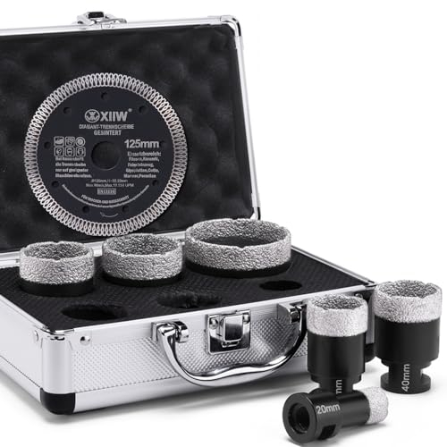7tlg Fliesenbohrer M14 x 15mm Diamant Bohrkrone 20-68mm + 125mm Trennscheibe Für Winkelschleifer Lochsäge Set Fliesen Granit Feinsteinzeug Keramik Mauerwerk Nass- / Trockenbohrkrone Fliesenbohrkrone
