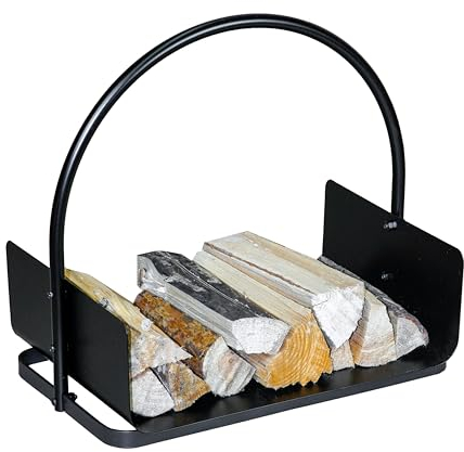 Loywe Holzkorb Kaminholz 47X30X42CM Holzwiege Kamin Feuerholzkorb Metall Brennholzkorb für Innen und Außen mit Stabilem Sockel & Griffen in Schwarz (Henkel Tragekorb)