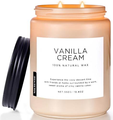 M&SENSE Vanille Duftkerze im Glas große 2 Wick Glas Kerze Vanille 550g 110 Stunden Brenndauer, 100% natürliche Bio-Sojawachs, entspannende Aromatherapie Duftkerze Geschenk für Frauen und Männer