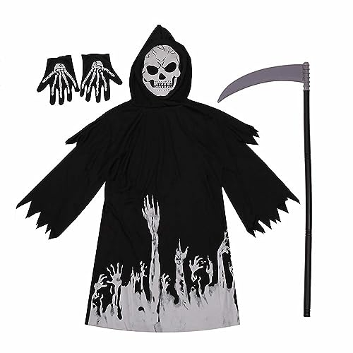 Anzug Gr. 92 Halloween-Kinder-Set, leuchtet im Dunkeln, Cosplay-Set, Mantel, Handschuh, Requisite, 3-teiliges Set für 4 bis 12 T Shirts Kinder Schwarz (A, 7-9 Years)