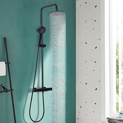 Beerwell Thermostatic Shower Set,Adjustable Height Shower Mixer Set for Bathroom with Round Rainfall Shower and Multi-Function Handheld Shower System (Black-Round)